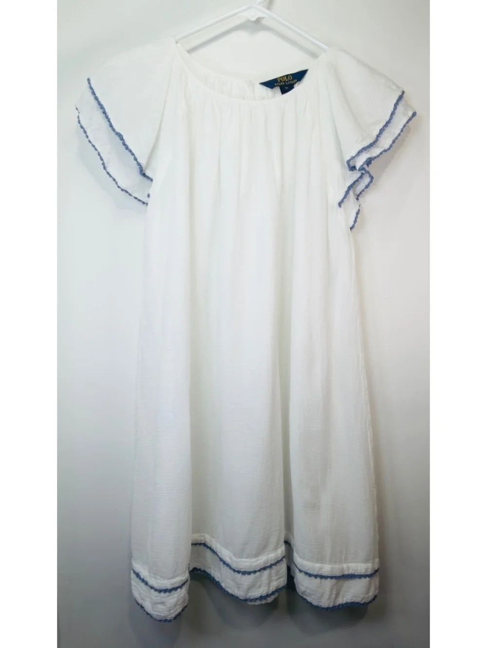 Polo Ralph Lauren Girls White Cotton Dress with Blue Trim Size 14